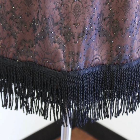 Vtg 90s Cache Brown Black Jacquard Fringe Sequin Beaded Cocktail Party Dress 6 - Picture 3 of 6